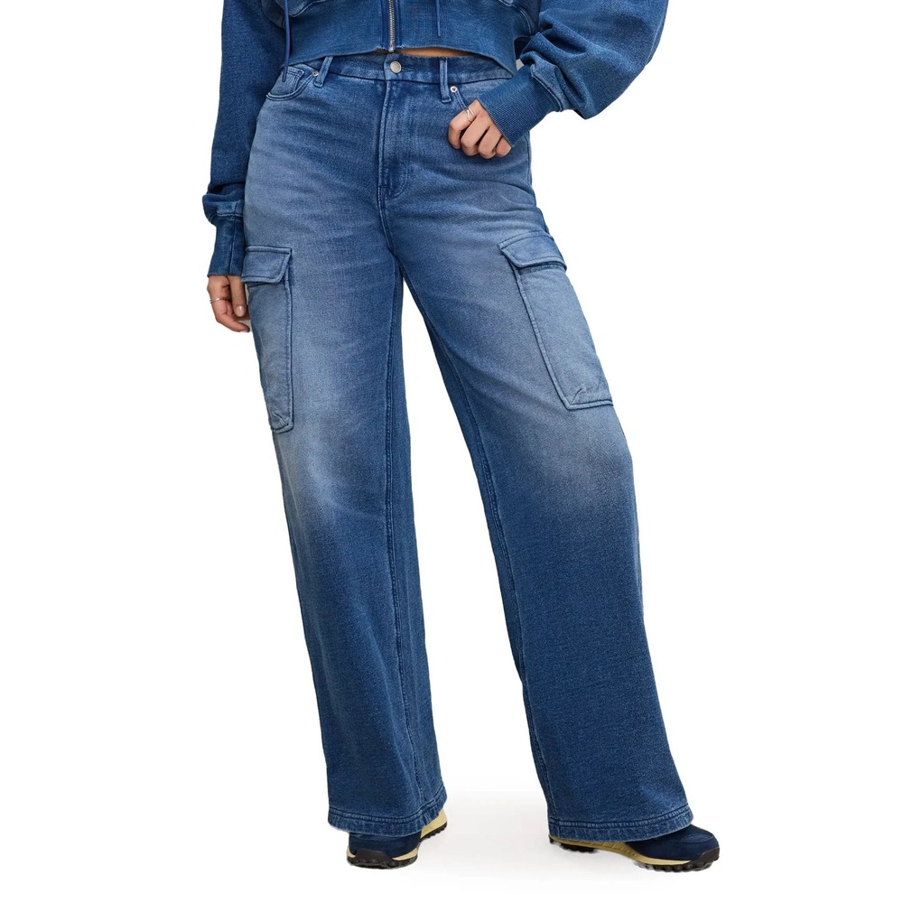NWT Good American Jeanius Good Skate Cargo Pants Size 4 Blue Wide Leg 90s Skater